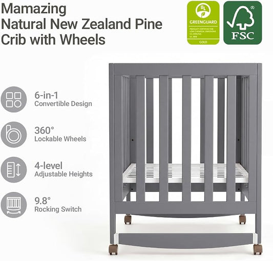 MAMAZING EvoNest 6-in-1 Convertible Baby Mini Crib with Wheels, GREENGUARD Gold Certified, 4 Adjustable Mattress Heights, 100% New Zealand Pine Wood, Portable Crib for Small Spaces, Gray