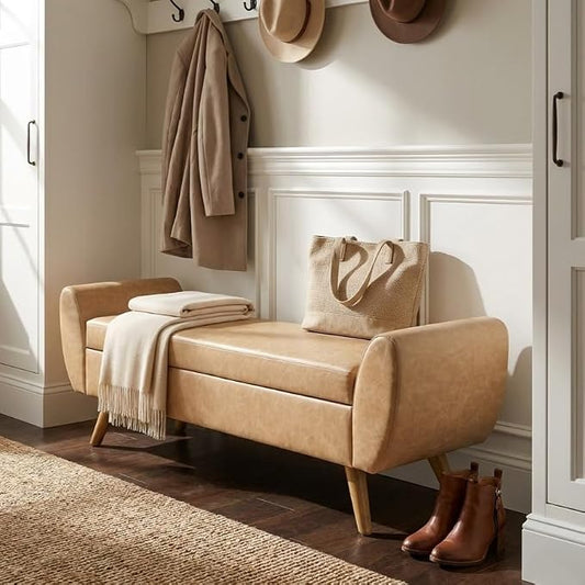 HomePop 60" Modern Storage Bench with Wood Legs - Sand Faux Leather