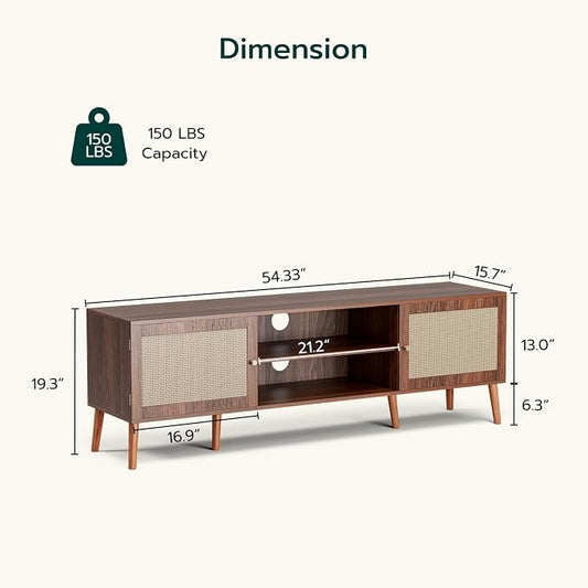 ZttRiee TV Stand with Rattan Doors for TVs up to 65", Mid-Century, Walnut | 54.7"W x 15.7"D x 18.9"H, 150 lbs capacity, 2 rattan-door cabinets & 1 shelf (4 compartments), 2 cord holes, 6 wood feet
