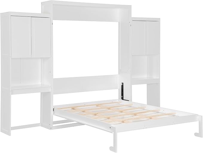 Ball & Cast Murphy Bed Queen Bed Frame with Headboard,Hideaway Bedframe w/Vanity and Cabinets,Wood Wall Cabinet,Slat Support,can be Folded,No Box Spring Needed,for Small Room,White