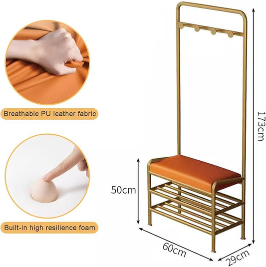 Narrow Hall Tree Storage Bench for Entryway, Coat Rack Shoe Bench Metal, Freestanding Coat Tree with Storage Shelf and Hooks, Entryway Bench with Shoe Storag(Orange-60 x 29 x 173 cm