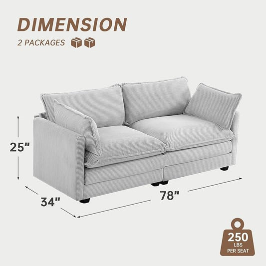 ROWHY 78'' Sectional 2 Seat Cloud Loveseat with 2 Throw Pillows, Modern Corduroy Love Seat, Cozy Sofa for Living Room, Office and Bedroom, Light Grey