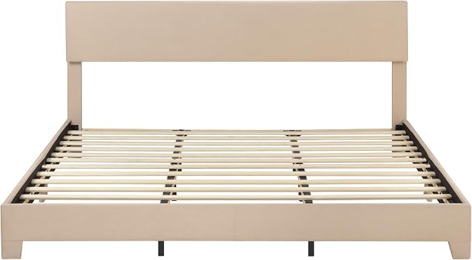 SHA CERLIN Linen Upholstered King Size Bed Frame with Headboard, Beige | Adjustable Low-Profile Platform Bed, Minimalist Design, Stable Mattress Foundation, Strong Back-Support, No Box Spring Needed