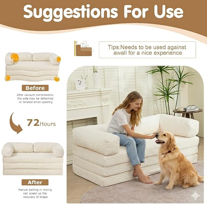 Convertible Sofa Bed King,5-in-1 Folding Boneless Couch Corduroy Futon Sofa Bed,Tri-Fold Mattress with Removable Armrests & Handle,Sleeper with Pull Out Bed for Small Space Living Room Bedroom