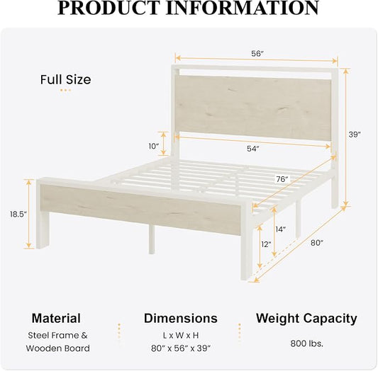 SHA CERLIN 14 Inch Full Metal Platform Bed Frame with Wooden Headboard and Footboard, No Box Spring Needed, Large Under Bed Storage, Heavy Duty Slats Support, White Washed Oak