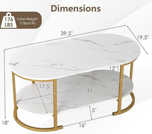 Giantex 2-Tier Coffee Table, Oval Center Table with Faux Marble Top & Open Storage Shelf, Modern Accent Table with Heavy Duty Metal Frame, Oval Coffee Tables for Living Room, White and Gold