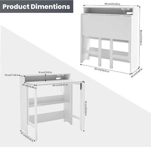 Fold Out Desk with Power Outlets, Small Foldable Table with Storage Shelf,Space-Saving Hidden Desk for Bedroom, Living Room & Office (White)