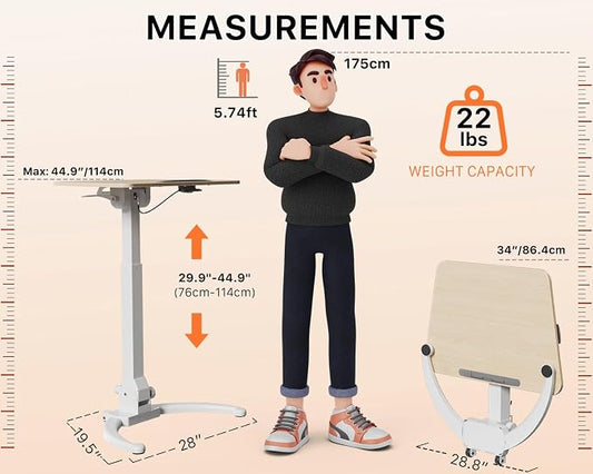 JOY worker Foldable Mobile Standing Desk, Pneumatic Height Adjustable Sit Stand Desk, 90° Tiltable Rolling Laptop Desk, Portable Cart with Wheels Non-Slip Mat for Home Office, Holds Up to 22lbs