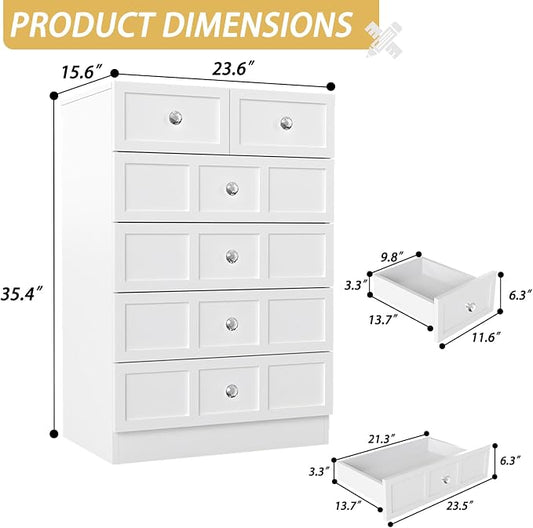 6 Drawer Dresser for Bedroom: 24" White Chest of Drawers with Deep Drawers, Tall Fluted Dresser with Storage, Modern Wood Dressers for Bedroom, Living Room