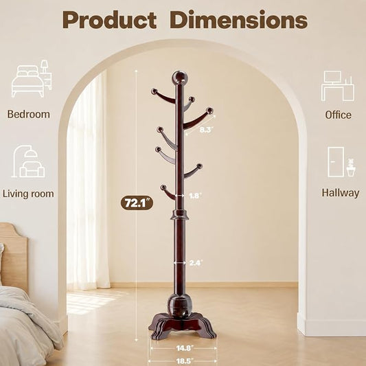 Hall Tree, Freestanding Wood Tree Rack with 7 Hooks, Coat Rack with Stable Sphere Base, Wooden Coat Rack Stand, Load 210 lb, Coat Hanger Stand for Entryway, Hallway, Bedroom (Black-Red)