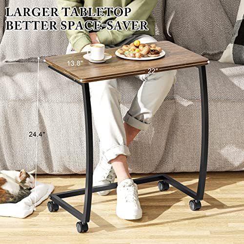 SRIWATANA Dark Walnut C Shaped Side Table with Wheels, Wood End Sofa Table