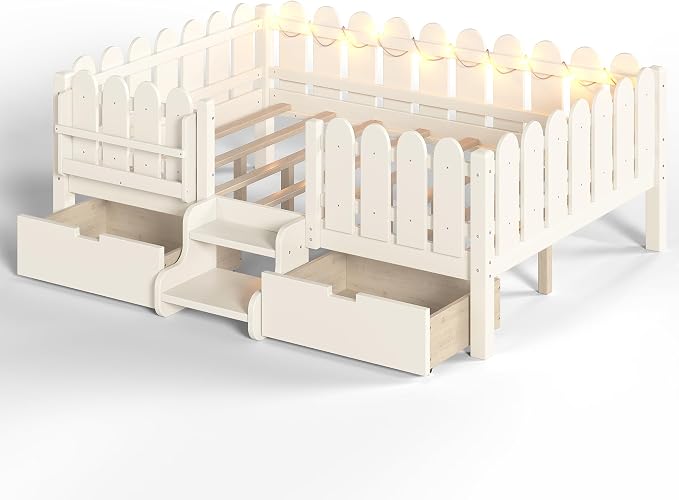 Bellemave Full Size Montessori Bed with Stairs, Lights, Rails and Slats, Full Size Montessori Floor Bed with Bookshelf and 2 Storage Drawers, Easy Assemble Beds Frame for Girls, Boys, Beige