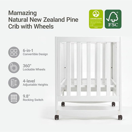 MAMAZING EvoNest 6-in-1 Convertible Baby Mini Crib with Wheels, GREENGUARD Gold Certified, 4 Adjustable Mattress Heights, 100% New Zealand Pine Wood, Portable Woodern Crib for Small Spaces, White