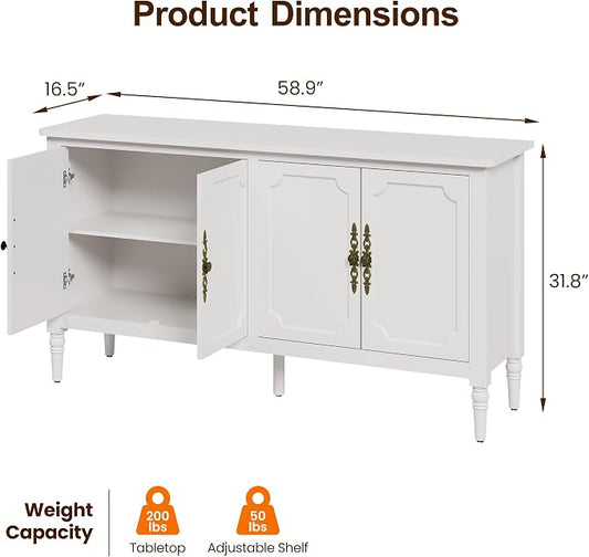 RoyalCraft Buffet Cabinet with Storage, 59" Vintage Sideboard with Adjustable Shelves, Mid Century Modern Painted Credenza Coffee Bar for Kitchen, Dining Room, Entryway, Living Room, Satin White