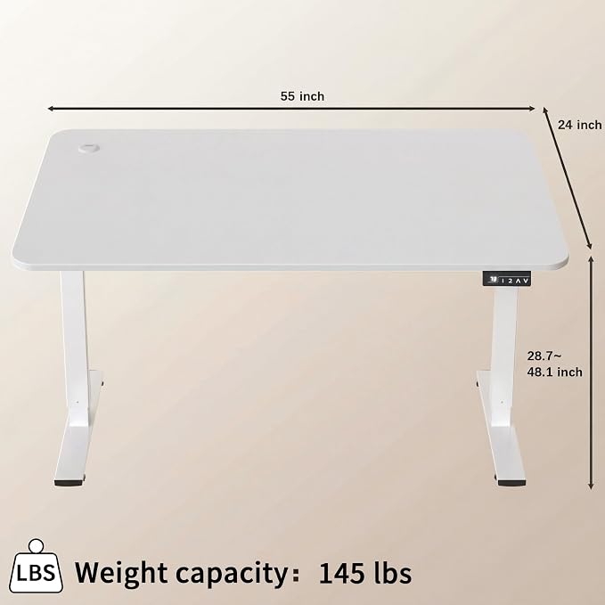 Furmax Electric Height Adjustable Standing Desk Large 55 x 24 Inches Sit Stand up Desk Home Office Computer Desk Memory Preset with T-Shaped Metal Bracket, White