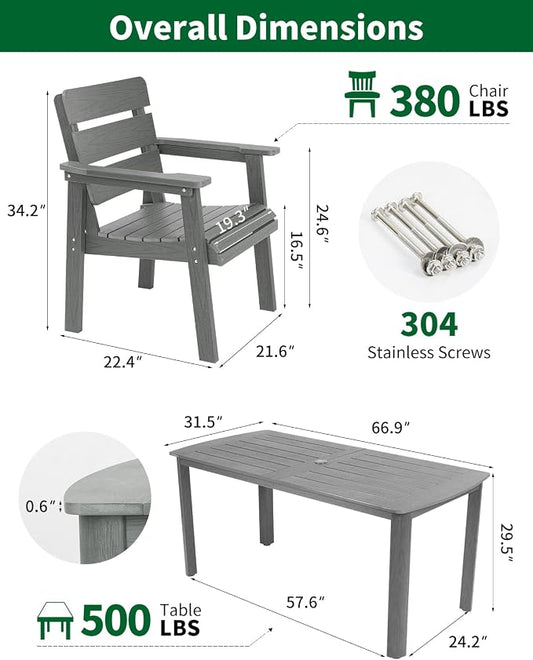 7-Piece Outdoor Dining Set, All-Weather HIPS Patio Table & Chairs for 6, Outdoor Furniture with Umbrella Hole, Ideal for Garden, Poolside, Backyard, Deck, Dark Gray