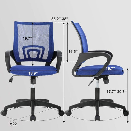 BestOffice | Ergonomic Office Chair | Mid-Back Swivel Desk Chair | Breathable Backrest & Lumbar Support | Adjustable Height | Sponge Seat | Rolling Wheels | Blue | for Adults & Women | Pack of 2