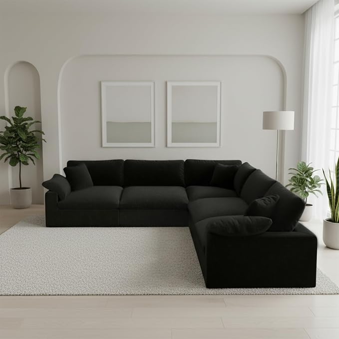 211.6" Cloud Modular Sectional Sofa,Black Down Filled Sofa 5 Seat,Minimalist Sofa Cover Washable and Replaceable Couches for Living Room,Sectional Sofa Deep Seat