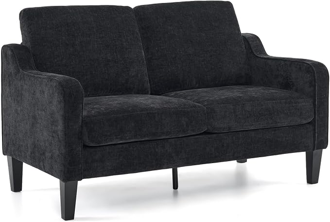 VINGLI Mid-Century Modern Loveseat Sofa Couch, Living Room 53" Love Seat 2 Seater Upholstered Comfy Couches with Scooped Armrest for Small Spaces, Dorm, Bedroom, Apartment, Office (Black)