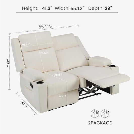 GUEAPY 55" Loveseat Reclining Sofa with Cup Holders – Manual Double Reclining Sofa for Aprtment & Small Spaces, Chenille Fabric Reclinig Couch with Wide Armrests & Side Storage for Livingroom Beige