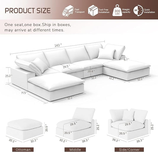 Modular Sectional Sofa,Extra Comfty Deep-Seat-Filled Couch, White 6 Seat U Shape Sofas with Movable Ottoman, Modern Couches for Living Room, Apartment, Office,Small Space
