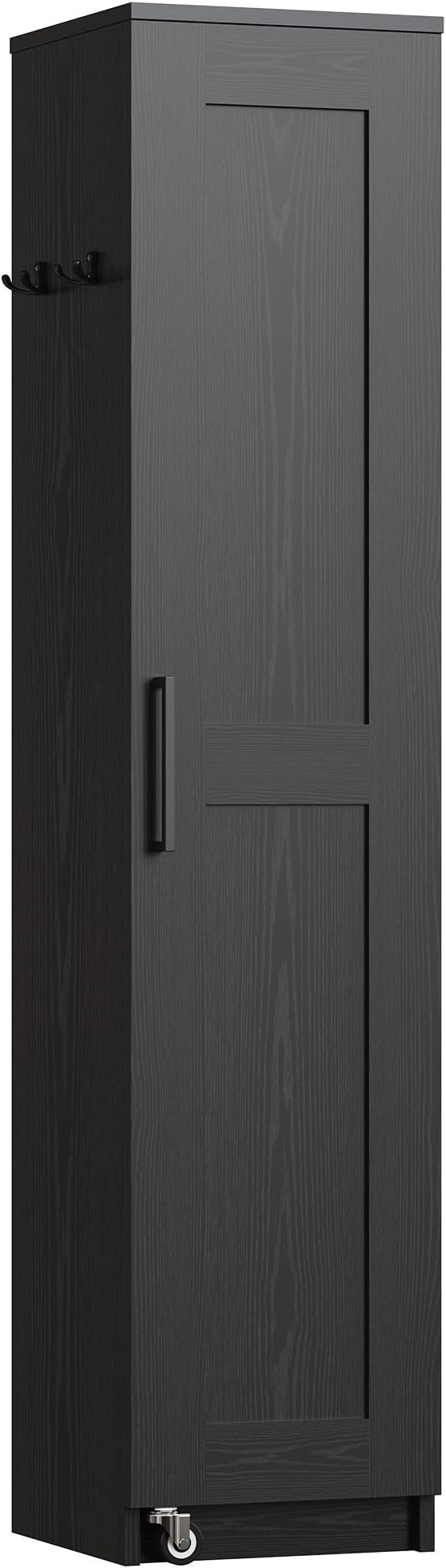 IRONCK Narrow Kitchen Pantry Storage Cabinet, 72" Slim Single Door with 6 Adjustable Shelves, Door Rack and Wheels, Space Saving Freestanding Storage Floor Cabinet for Small Place, Black