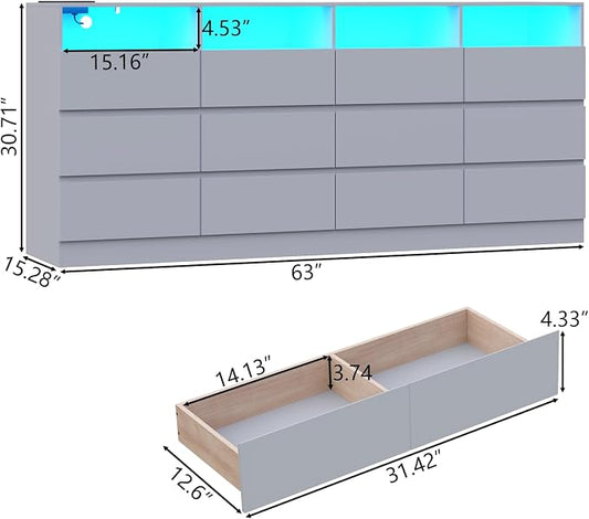 Gyfimoie 6-Drawer Dresser with Divided Compartments, Charging Station & LED Lights, 63" Wide TV Stand for TVs up to 75", Large Organizer with 4 Open Cubbies, Light Grey (Light Grey, 6 Drawers)