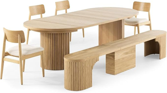 Transformer Table - Solid Wood Extendable Round Dining Table Set with Bench and 4 Chairs, Seats 4-10, Expandable Round Dining Set, Natural (Table + Bench + 4 Chairs)