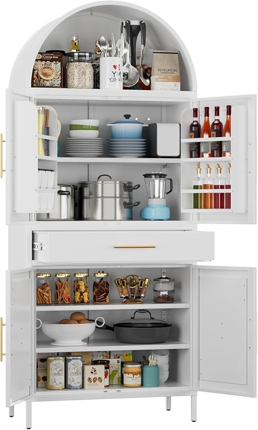 72.8" White Metal Arched Pantry Cabinet with Drawer, Tall Kitchen Storage Cabinet with 3 Adjustable Shelves, Door Storage, Magnetic Closure & Anti-Tip Kit, White, Assembly Required
