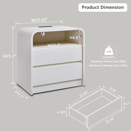 Aitjunz 25" Tall Modern Nightstand with Charging Station, 23.6'' Wide Wood Bedside Table w/2 Storage Drawers, Large Mid Century End Table for Bedroom, Living Room, Curved Profile Design, White