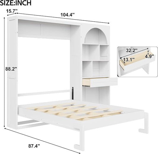 Merax Wood Multi-Functional Murphy Bed with Cabinets & a Drawer,White+Black | Queen Size Farmhouse Foldable Wall Bed with Upholstered Headboard / No Box Spring Needed / Space Saving