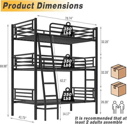 Metal Triple Bunk Bed,Twin Over Twin Bunk Bed for 3, Separates Into 3 Beds with Guardrail and Ladder, Heavy Duty Triple Bed Frame Suitable for Teenager/Adults, No Box Spring Needed(Black)