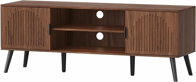 ChooChoo TV Stand for Living Room, Mid Century Modern TV Stand for 55/60 Inch TVs, Entertainment Center with Storage Cabinet and Open Shelves, TV Console Table Media Cabinet for Bedroom, Walnut