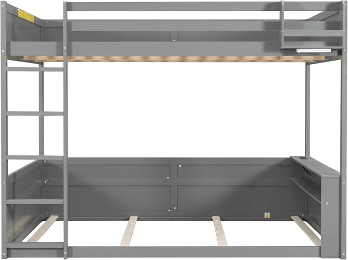RUNNA Queen Bunk Bed with Shelves,Storage Box,LED,USB Charging,Grey | Queen bunk bed with shelves,storage box,LED light,USB charging,solid wood frame, guardrails, no box spring needed,Grey