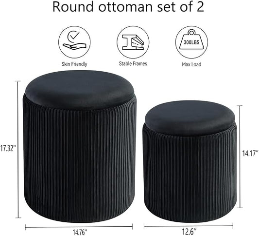 BLEXA Round Ottoman with Storage Set of 2-Upholstered Velvet Vanity Stool for Makeup Multifunctional Ottomans Coffee Table Padded Seat Foot Rest for Living Room&Bedroom (Black-Upgrade Tray Lid)