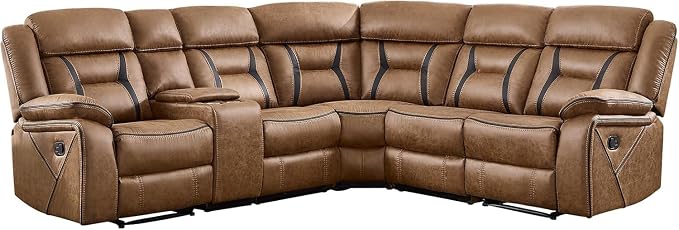 EBELLO Faux Leather Reclining Sectional Sofa Set for Living Room, 1 Recliner Chair and L-Shaped Reclining Couches Home Furniture Set with Center Console, Hidden Cup Holders and Storage, Brown