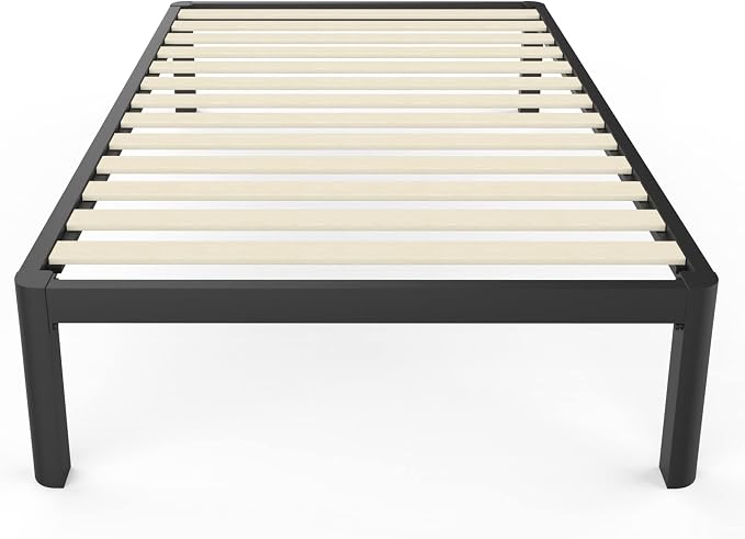 MAF 14 Inch Twin Platform Bed Frames with Wooden Slats, Black 3500 Lbs Heavy Duty Metal Bed Frame with Anti-Collision Round Legs, No Box Spring Needed, Easy Assembly