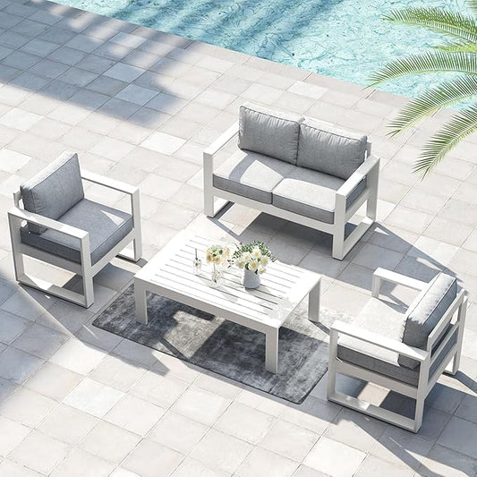 LayinSun Outdoor Patio Aluminum Loveseat, Metal Modern 2-Seat Sofa with Washable Thick Cushions