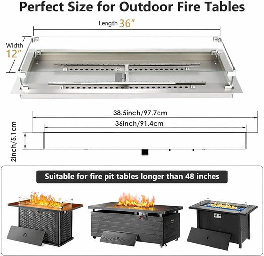 GRISUN Upgraded 36" x 12" Drop-in Fire Pit Burner Kit, Gas Fire Pit Kit with Glass Wind Guard & Lid, Linear Fire Pit Pan Insert with Spark Ignition for Fire Pit Tables