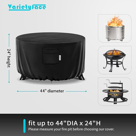 44" Round Fire Pit Cover – Heavy-Duty Waterproof Oxford, Buckle Straps, Air Vents & Drawstring – Windproof & UV-Resistant for Worry-Free Year-Round Protection on Patio Fire Pits & Tables