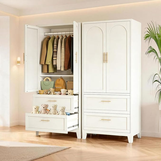 71" Tall Metal Wardrobe Cabinet with 2 Drawers and Hanging Rod, 2 Doors Wardrobe Closet with Shelf for Bedroom, Office, Laundry Room,Entryway,Foyer,Guesthouse White
