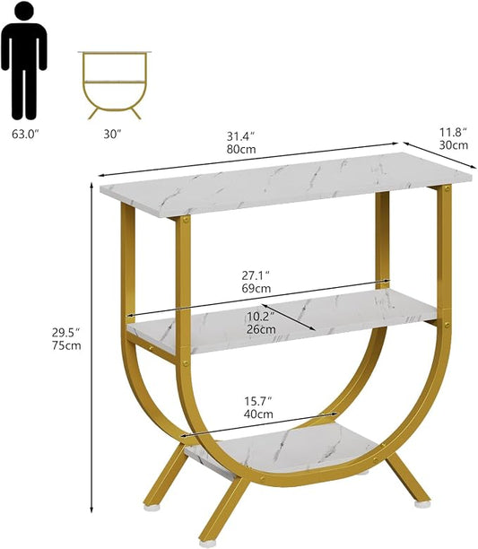 Trironsun 3 Tier Console Table with Storage 30" Height Entryway Table with Open Shelves Industrial Sofa Table Behind Couch for Living Room Hallway Entrance (Gold White)
