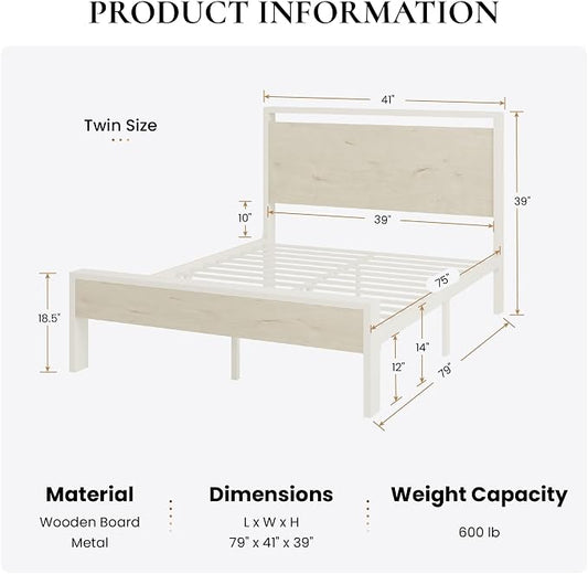 SHA CERLIN 14 Inch Twin Metal Platform Bed Frame with Wooden Headboard and Footboard, No Box Spring Needed, Large Under Bed Storage, Heavy Duty Slats Support, White Washed Oak