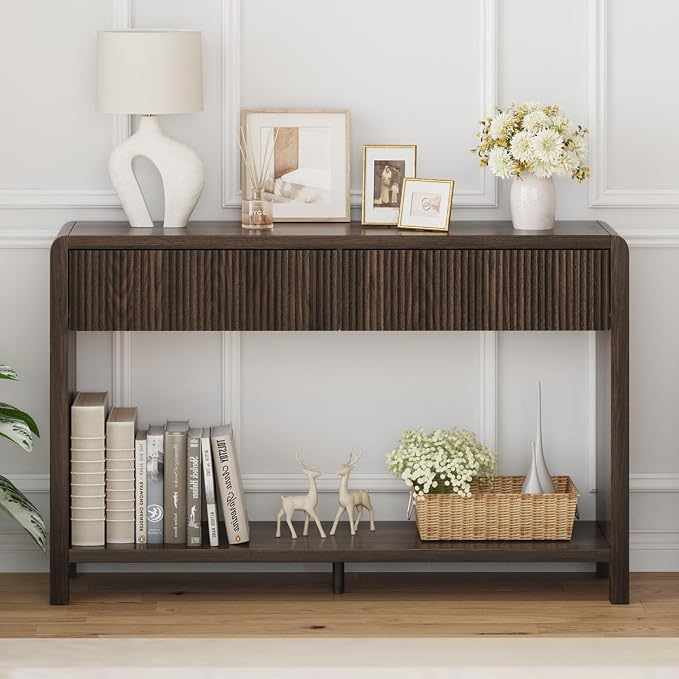 FATORRI Console Sofa Table with 2 Drawers, 47.2 inch Wood Couch Table Behind Sofa, Farmhouse Entryway Tables for Hallway Storage, Dark Walnut