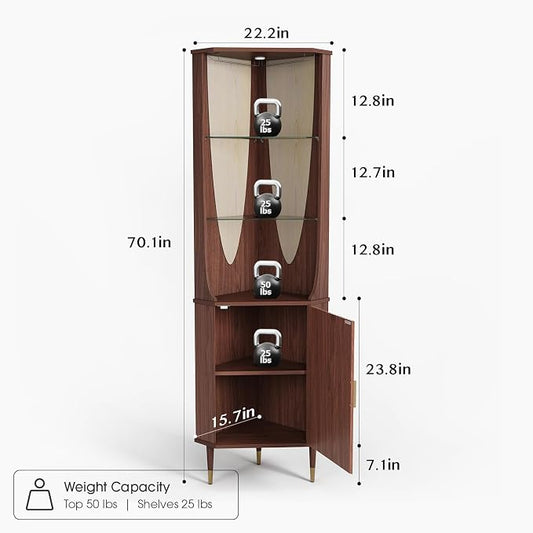 JOINICE Tall Corner Bar Cabinet for Liquor,Mid-Century Modern,Walnut,70" | Fluted Cabinet Door,Glass Shelves,Wine Cabinet for Living Room, Kitchen,Dining Room,Easy Assembly,Fit for Small Apartment
