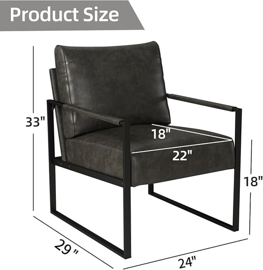 INZOY Leather Accent Chair with Metal Frame, Comfy Living Room Chair with Plump Cushion and Backrest, Mid Century Modern Chair with Sturdy Structure, Easy to Clean, Dark Grey