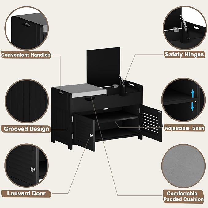 ChooChoo Shoe Storage Bench with Lift Top Storage, Entryway Bench with 2 Cushioned Seats, 3 Compartments, Adjustable Shelf, Shoe Cabinet for Entryway, Bedroom, Living Room, Black