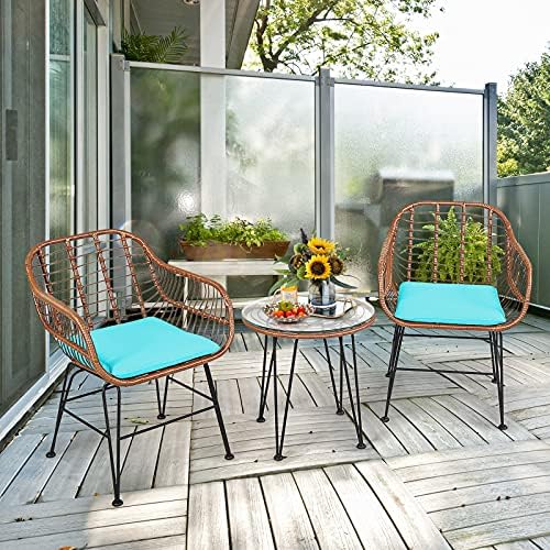 Tangkula 3 Pieces Patio Conversation Bistro Set, Outdoor Wicker Furniture w/Round Tempered Glass Top Table & 2 Rattan Armchairs, Bistro Chat Set w/Seat Cushions for Porch, Backyard, Garden