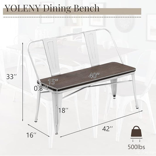YOLENY Dining Bench, Entryway Bench with Back, Farmhouse Metal Dining Bench, Industrial Mid-Century 3 Person Rustic Spindle Bench, with Wood Seat, Removable Backrest, 42in, White
