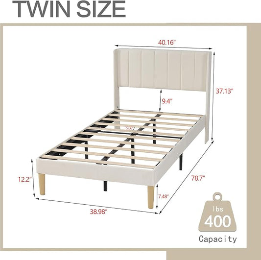 AGARTT Upholstered Platform Bed Frame Twin Size with Headboard and Footboard/Wooden Slats Support/No Box Spring Needed/Easy Assembly,Beige Velvet